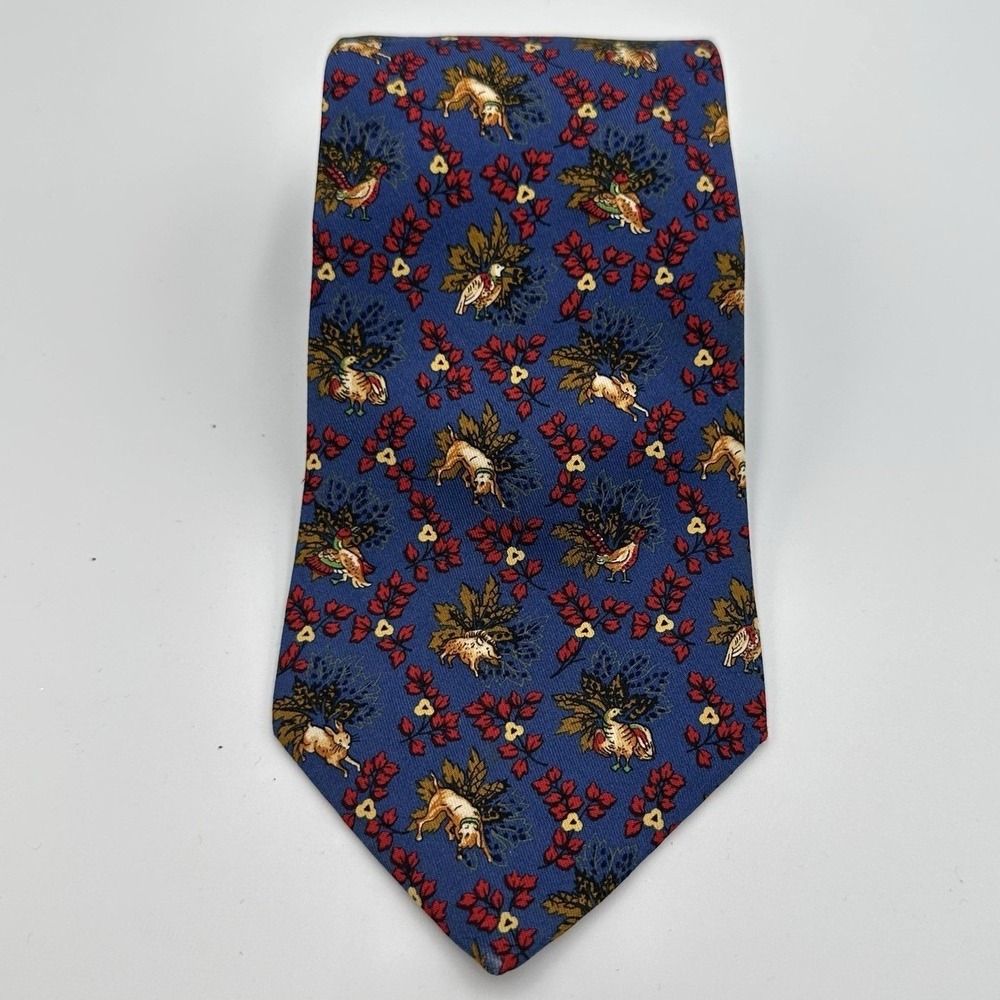 Salvatore Ferragamo Silk Tie Blue Dog Bird Floral Pattern‎ Italy 100% Silk